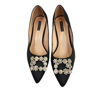 ERIJUNOR Comfort Chunky Heel Pointed Toe Rhinestone Evening Satin Shoes Size 10